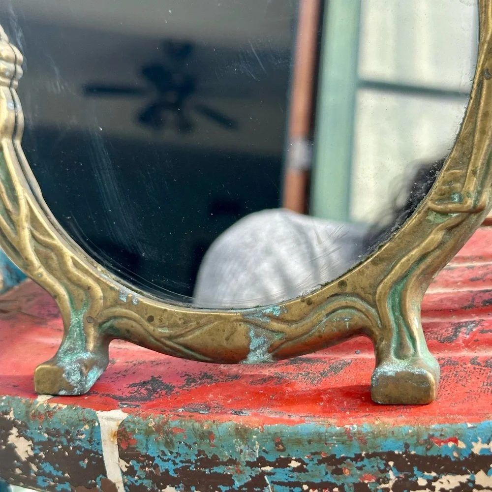 Antique Art Nouveau Brass Vanity Table Top Footed Mirror Lady by the Lake